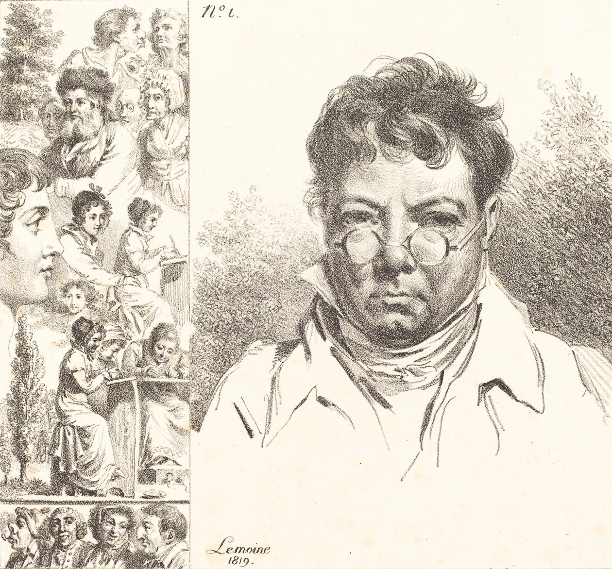 自画像と他の頭、1819（リトグラフ） 作： ジャック・アントワーヌ・マリー・ルモワン