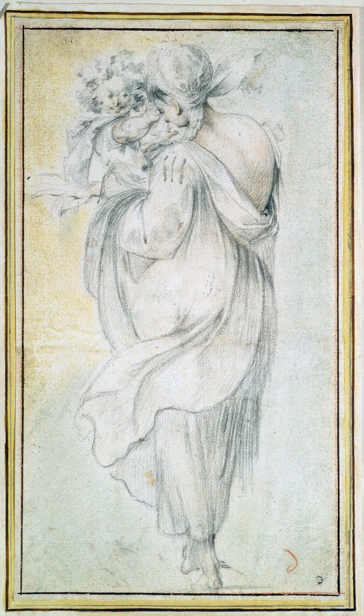 ジプシーと子供 - Jacques Bellange (1575-1616 年頃) の作品、紙に血と黒と白のチョーク (30x16.5 cm)、17 世紀初頭 - ジプシーと子供、血、J による紙に黒と白のチョークBellange、17世紀初頭 - State H 作： ジャック・ベランジュ