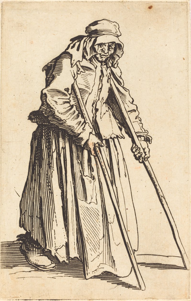 松葉杖を持った物乞いの女、c. 1622年。 作： ジャック・カロ