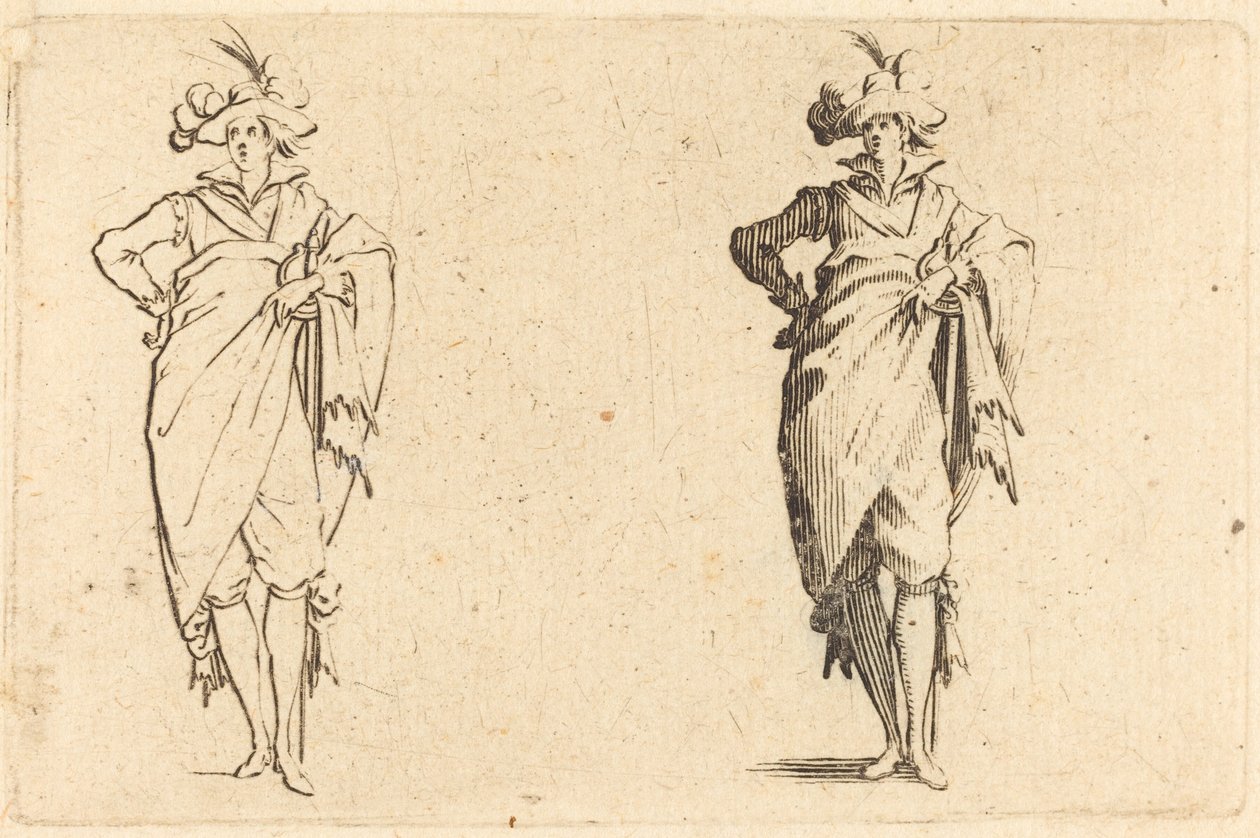 腰に手を当てて正面から見た紳士、c。 1622年。 作： ジャック・カロ