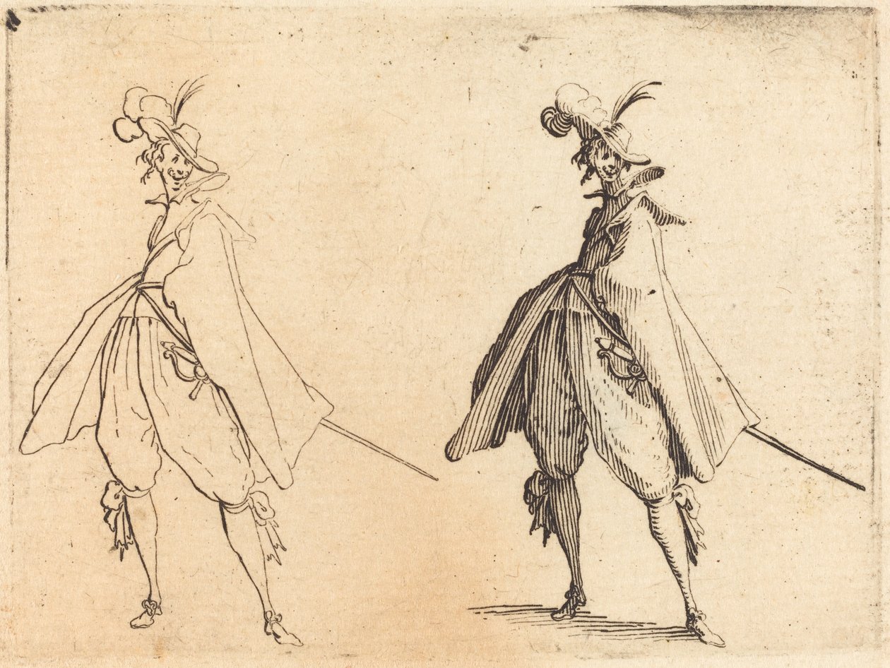 大きなマントを着た紳士、正面図、c。 1617年。 作： ジャック・カロ