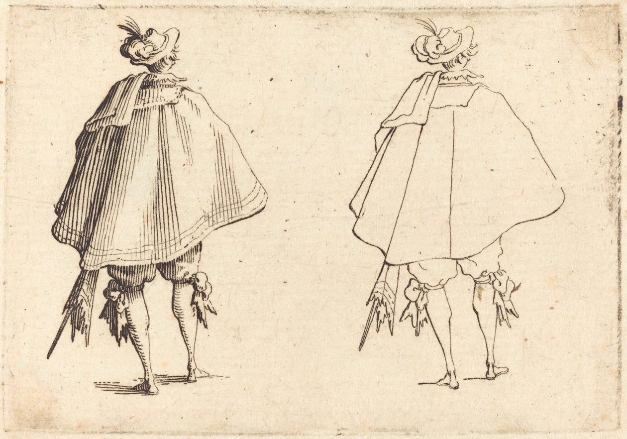 後ろから見た大きなマントを着た紳士、c。 1617年。 作： ジャック・カロ