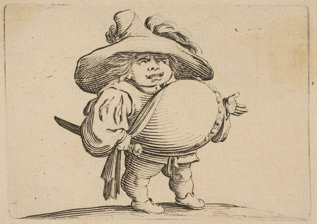 LHomme au Gros Bellyのボタンの列で飾られた大きなお腹の装飾が施されたボタンの男...、1616-22。 作： ジャック・カロ