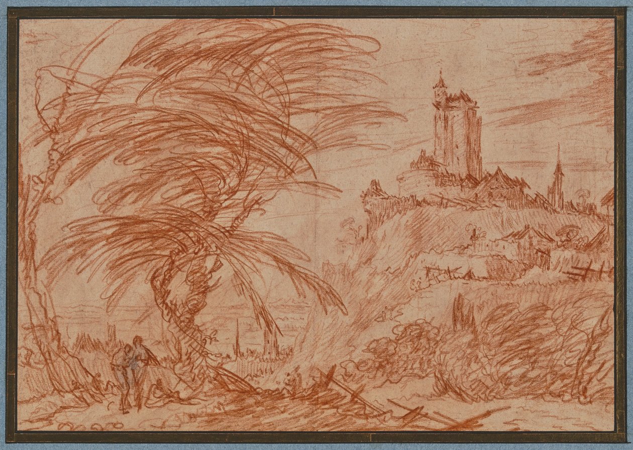 Landschaft, rechts auf einem Hügel ein großer Turm, links eine Baumgruppe und einige Figuren 作： ジャック・カロ