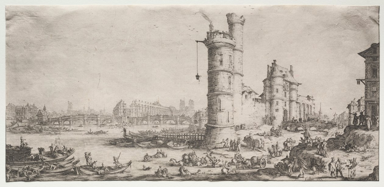 パリの2つの素晴らしい景色：ポンヌフ橋の眺め、1628-1616年。 作： ジャック・カロ