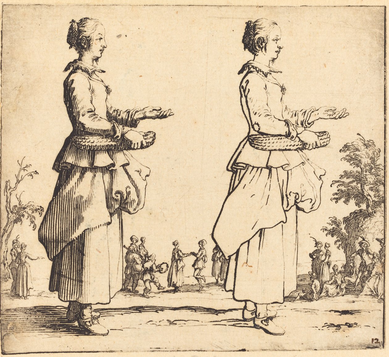 バスケットを持つ農民の女性、横顔、右向き、1617年と1621年。 作： ジャック・カロ