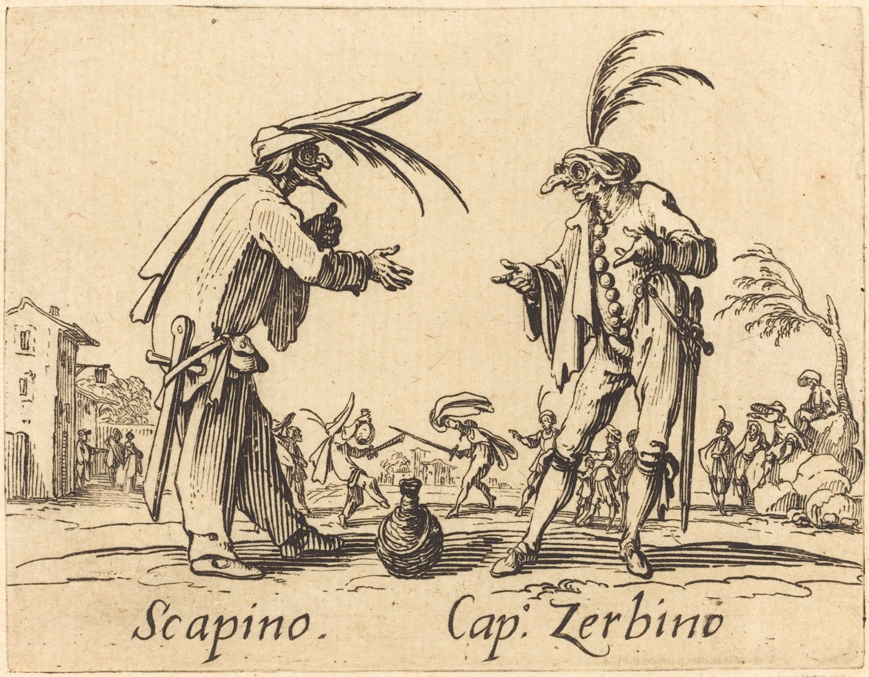 Scapino と Cap. Zerbino, c. 1622年。 作： ジャック・カロ
