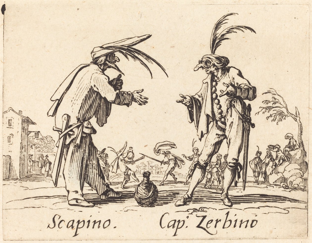 Scapino と Cap. Zerbino, c. 1622年。 作： ジャック・カロ
