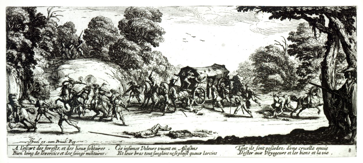 イスラエルのアンリエット（c.1590-1661）1633によって刻まれた、「The Miseries and Misfortunes of War」のステージコーチへの攻撃、プレート8 作： ジャック・カロ