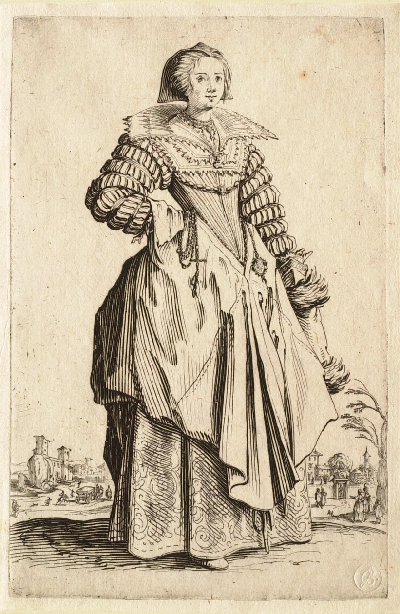 『大きな襟と後ろに垂れ下がった頭飾りを身につけた女性』（La dame à la grande collerette et à la coiffe retombant en arrière） 作： ジャック・カロ