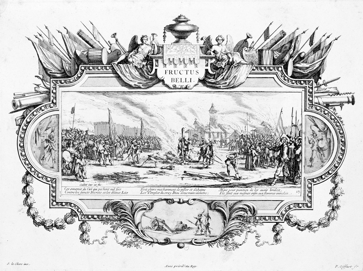 ピエール・ギファール（1638-1723）とセバスチャン・ル・クレルク（1637-1714）によって彫刻された「戦争の不幸と不幸」のプレート13、フルクトスベリー 作： ジャック・カロ