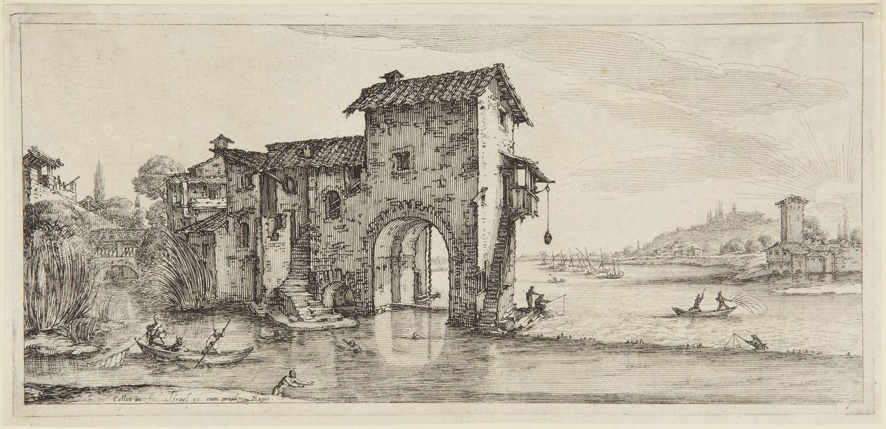 水車小屋、連作「Diverse Vedute Designate in Fiorenza（フィレンツェで描かれた多様な風景）」より 作： ジャック・カロ