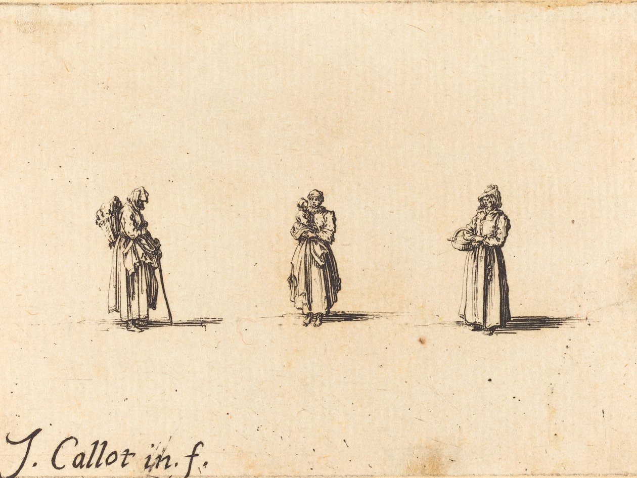 3 人の女性、1 人が子供を抱いている、おそらく 1634 年。 作： ジャック・カロ