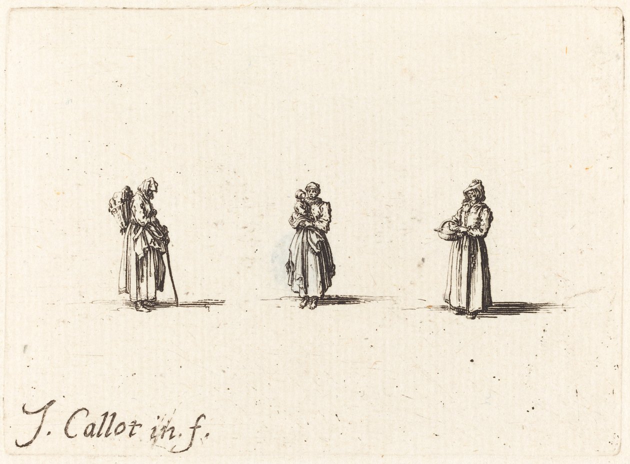 3 人の女性、1 人が子供を抱いている、おそらく 1634 年。 作： ジャック・カロ