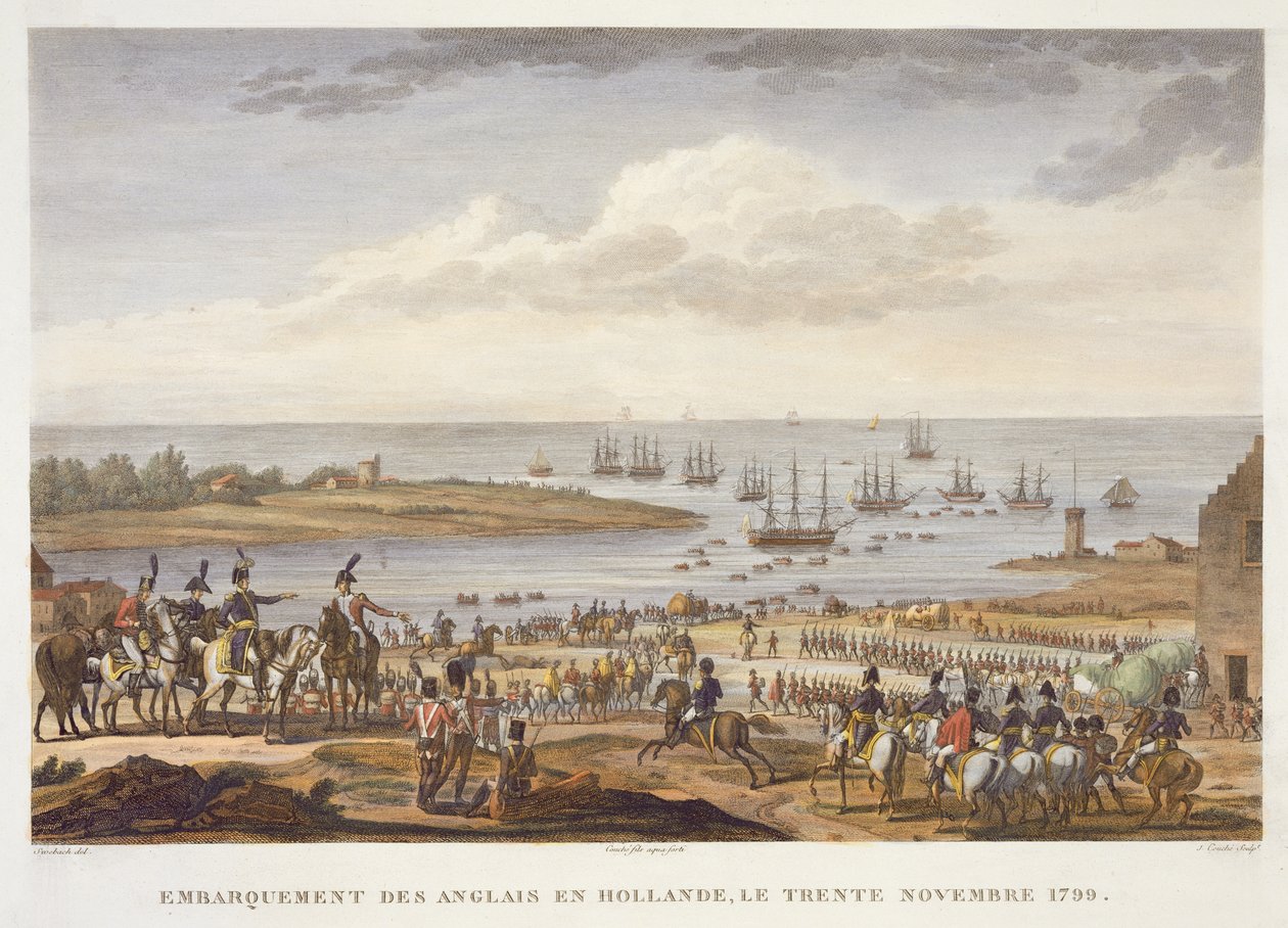 1799年11月30日、オランダでのイギリス人の乗船、ルイフランソワクーシュ（1782-1849）（アクアチント）によって彫刻 作： ジャック・フランソワ・ジョセフ・スウェバッハ