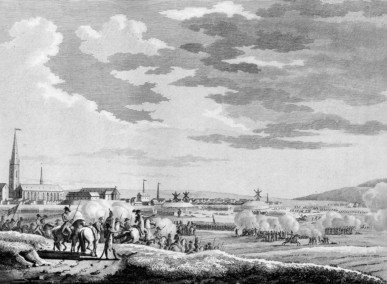 フランス革命と反革命運動の戦争。1793年、ダンケルク近くのホンスコートの戦いで、イギリスとオーストリアの反革命軍と戦ったフランスの勝利。スウェバックの後にベルソーが描いたエングレーヴィング。パリ、研究所の図書館 作： ジャック・フランソワ・ジョセフ・スウェバッハ