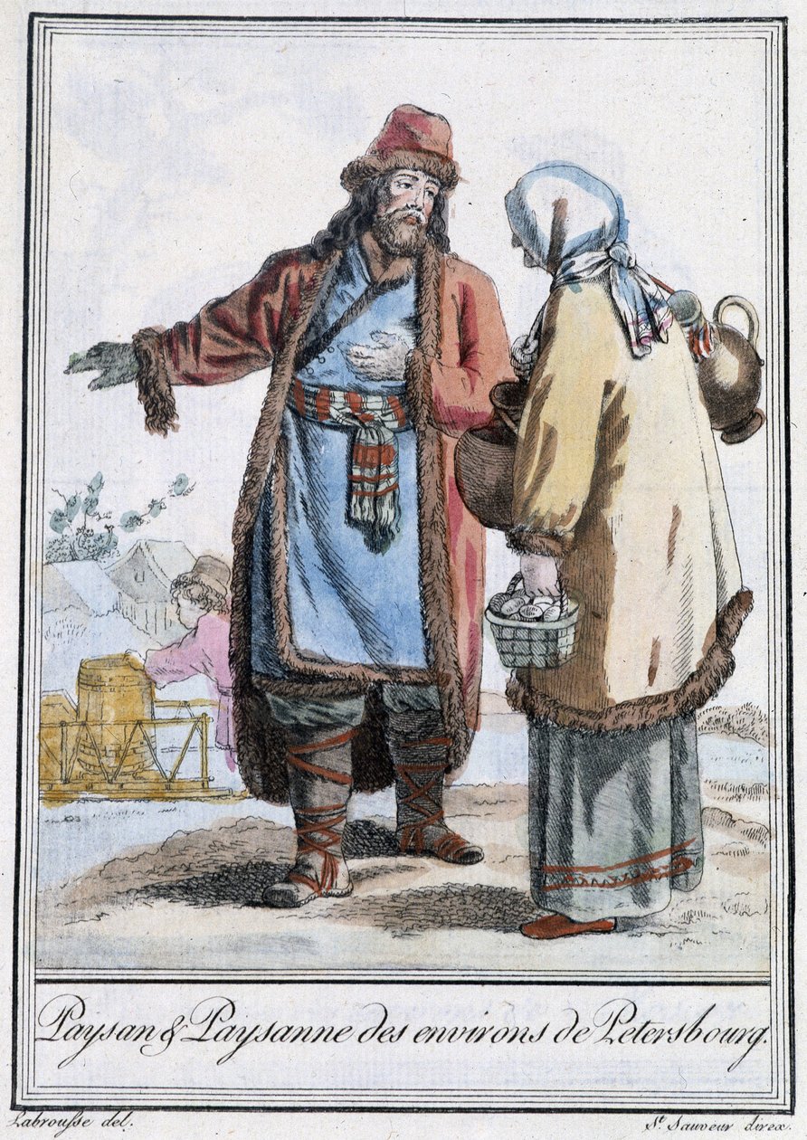 ペテルブルグの農民と農民-グラッセ・サン・ソーヴル編『旅の百科事典』（1796年）より 作： ジャック・グラッセ・ド・サンソヴール