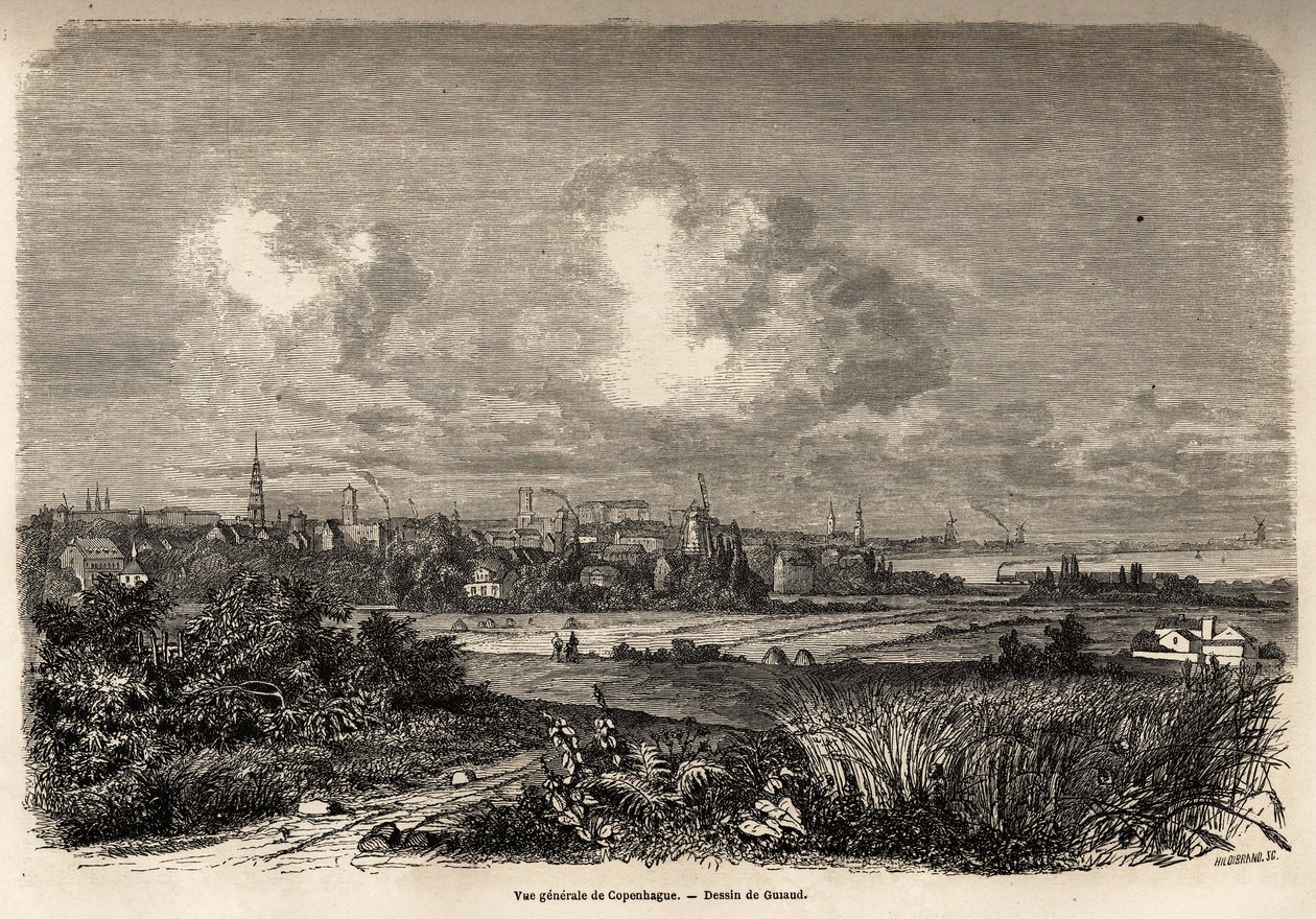 1860年、J.M.Dargaudのデンマークへの旅（1800-1860年）を説明するためにJacques Guiaud（1810-1876年）が描いたコペンハーゲンの全景。エドゥアール・シャルトン編『Le tour du monde』に掲載された図版 作： ジャック・ギオー