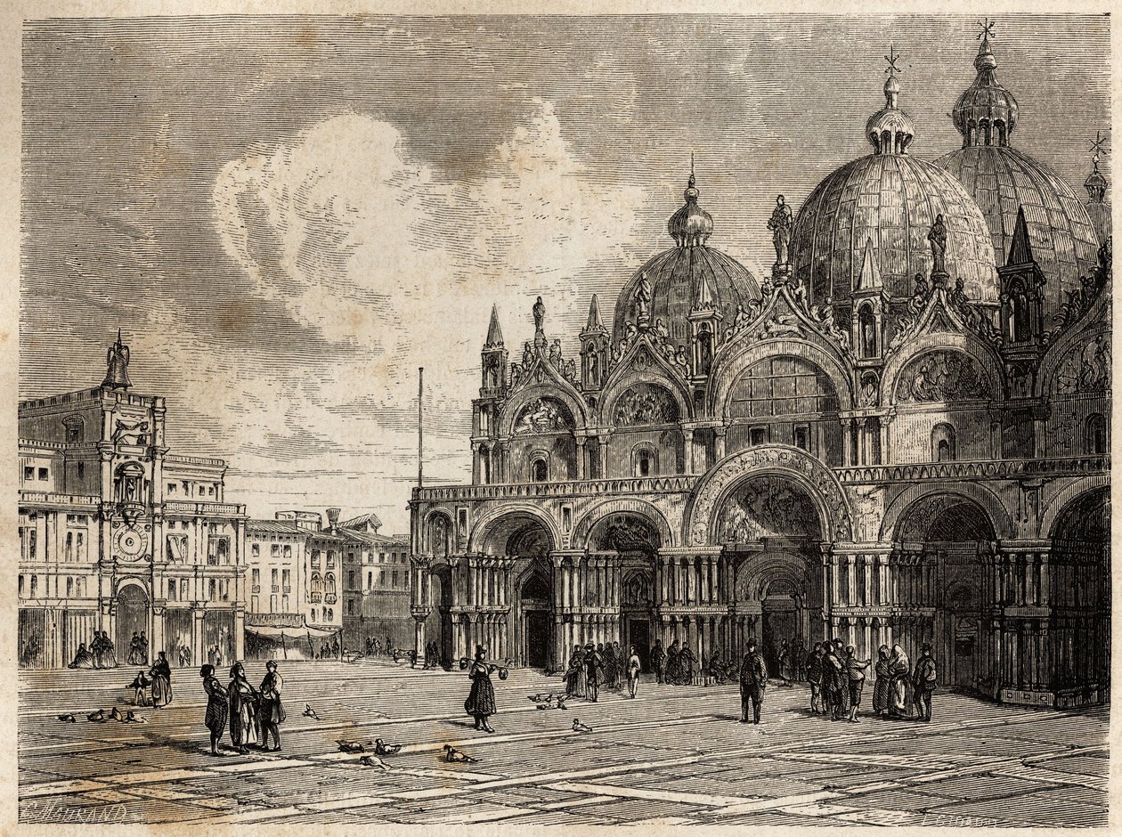 Der Platz und die Kirche von St. Markus, Zeichnung von Jacques Guiaud, zur Illustration der Reise von Adalbert de Beaumont nach Venedig, um 1850. Gravur in „Le tour du monde“, herausgegeben von Edouard Charton von Jacques Guiaud