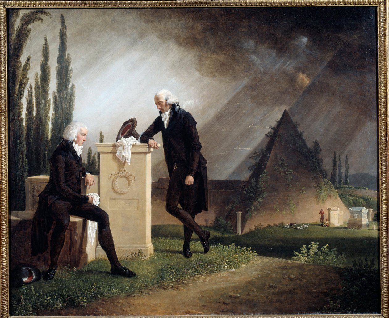 Roman Elegie or "Double Portrait at the Protestant Cemetery of Rome" Franc Maconnerieのシンボルが表現されています。ジャック・サブレ（1749-1803）による絵画 1791年ブレスト、Musee des Beaux Arts - Roman Elegy or "Double portrait at the Protestant cemetery in 作： ジャック・アンリ・サブレット