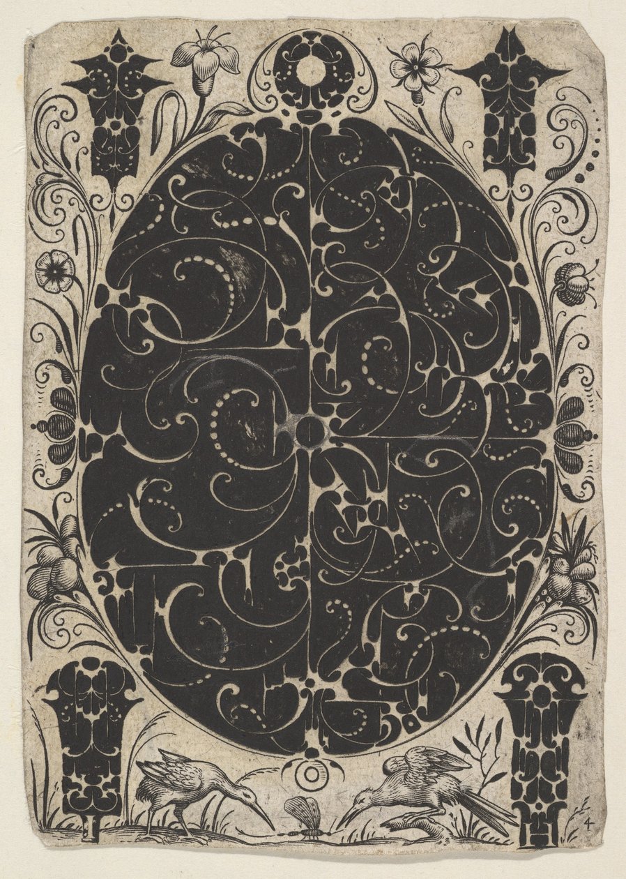 小さいモチーフに囲まれた 2 つのバリエーションの Schweifwerk で飾られたオーバル ケース..., ca. 1614-19。 作： ジャック・フルトゥ