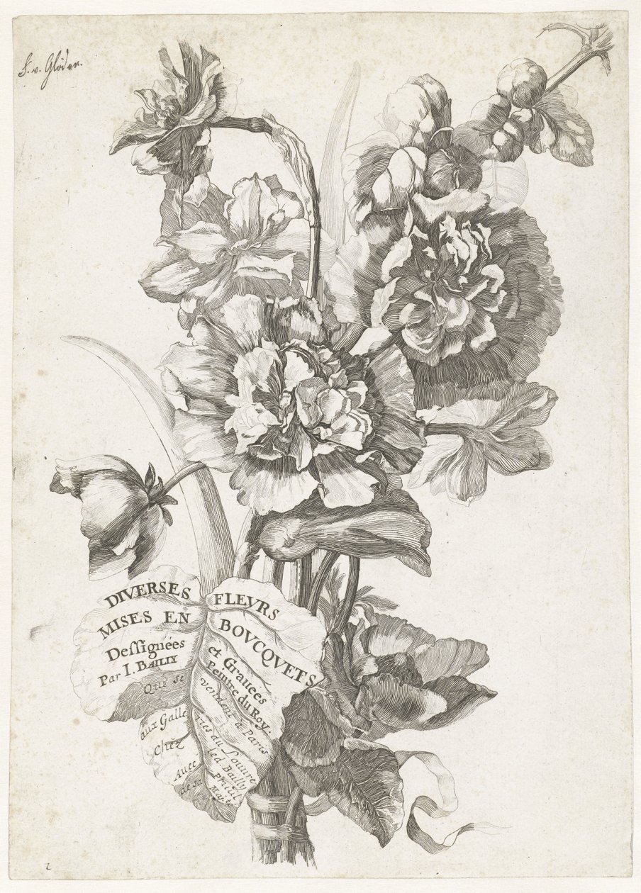 1670年頃、Diverses Fleurs mise en Boucquetsの牡丹の花束のタイトルページ 作： ジャック・I・バイイ