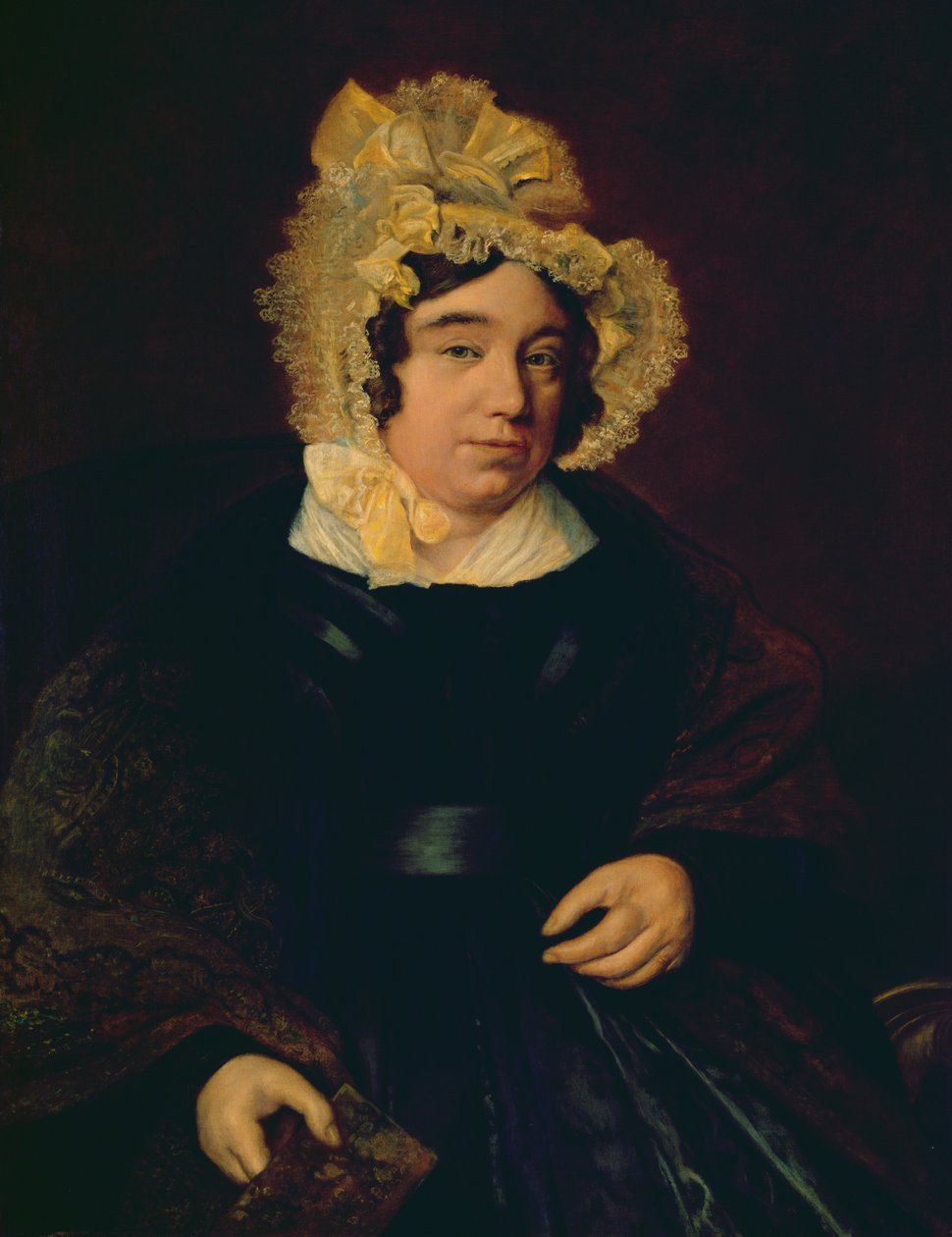 ペイズリーショール付きの暗いサテンのドレスを着たエドワードクロス夫人の肖像画、1838 作： ジャックローランアガッセ