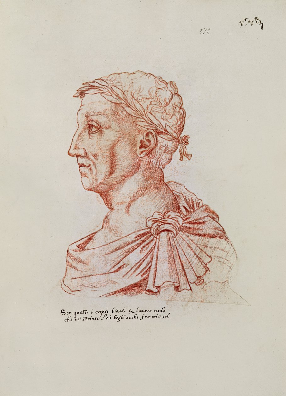 Ms.266 fol.271 v Petrarch（1304-74）、「Recueil d&39;Arras」から（紙に赤いチョーク） 作： ジャック・ル・ブック