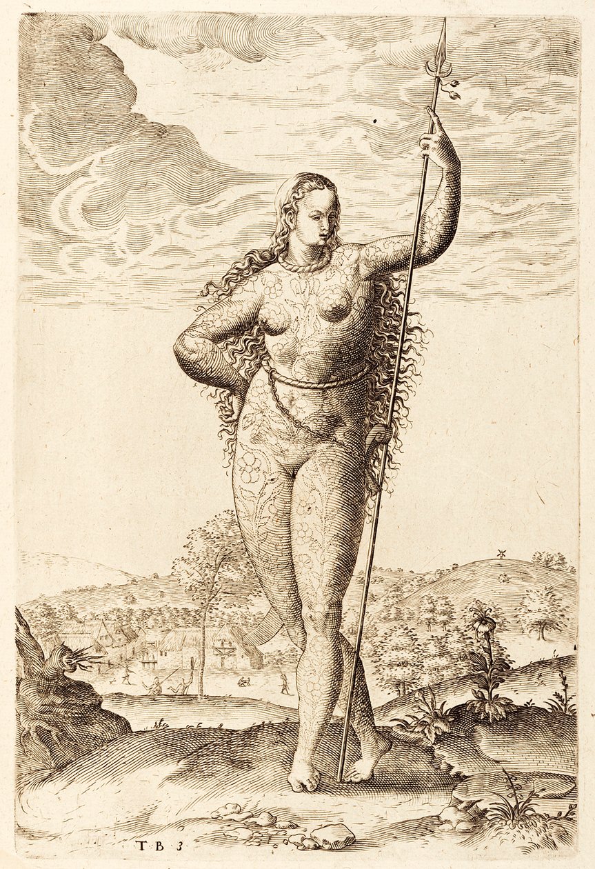 若いピクティッシュな女性、c1585（bw彫刻） 作： ジャック・ル・モイン