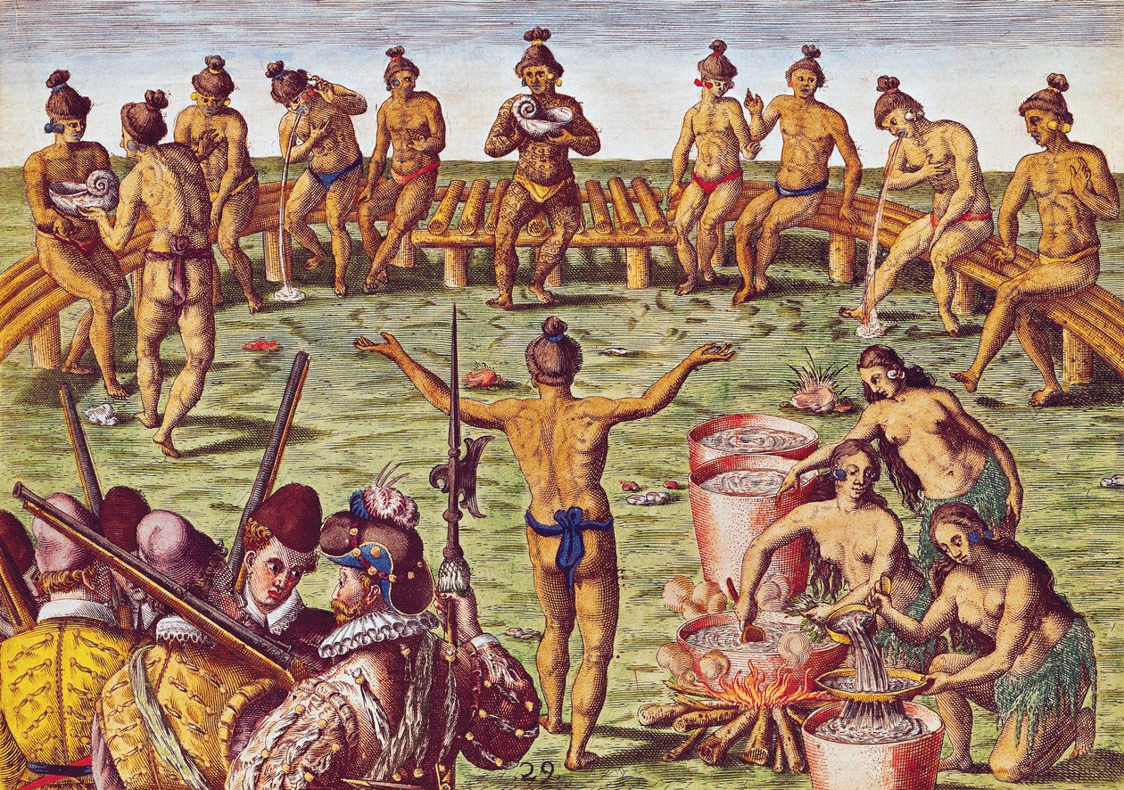 フロリダの住民がセオドア・ド・ブライ（1528-88）1563によって刻まれた「ブレビス・ナラティオ..」から重要事項についてどのように決定したか 作： ジャック・ル・モイン