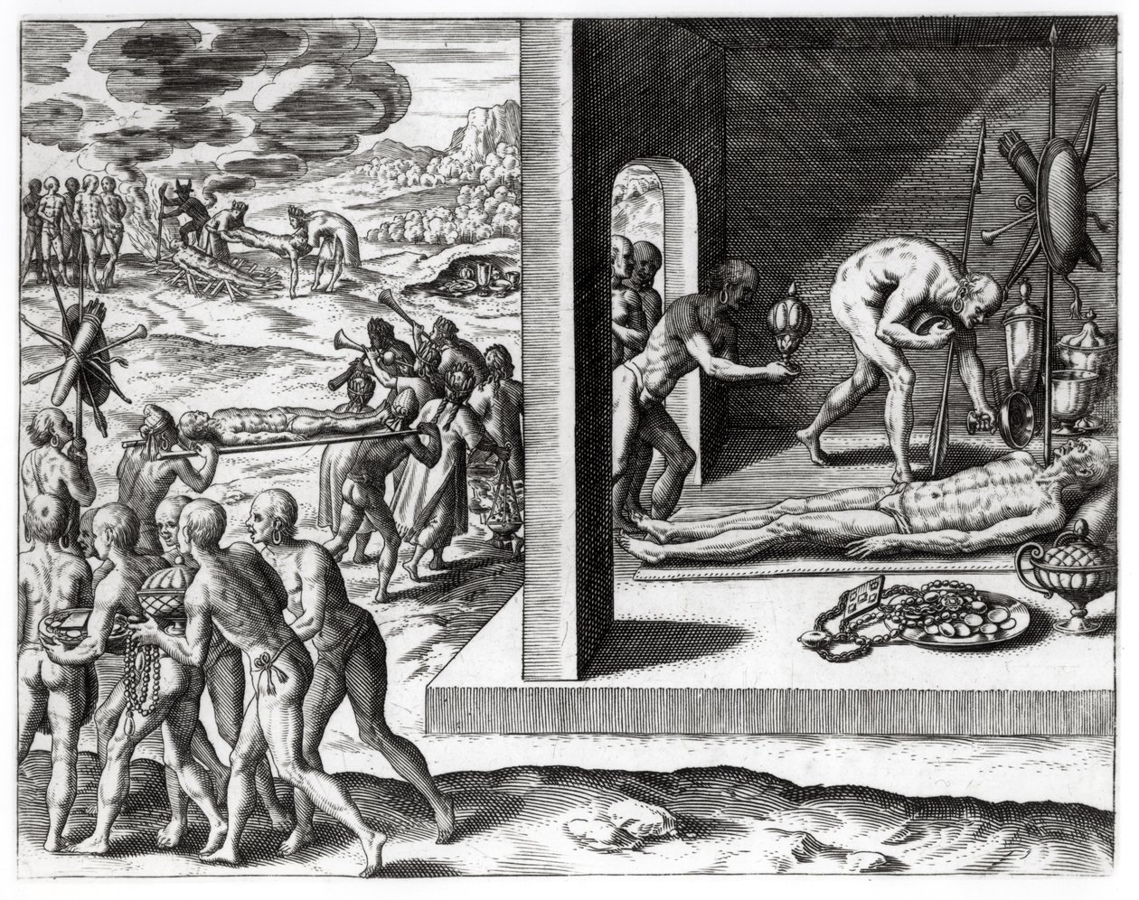テオドール・ド・ブライ（1525-75）によって書かれ、刻まれた「アメリカ大陸」のインドの葬儀、1602年 作： ジャック・ル・モイン