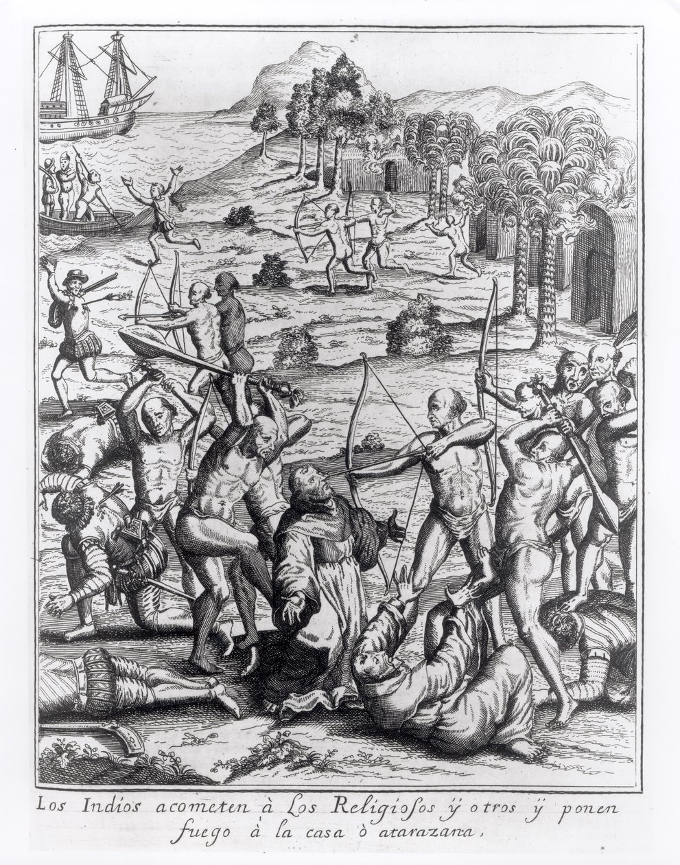 テオドール・ド・ブライ（1528-98）によって書かれ彫刻された「アメリカ」から彫刻を施した、インディアンが司祭や他の人々を攻撃して家に火をつけた 作： ジャック・ル・モイン
