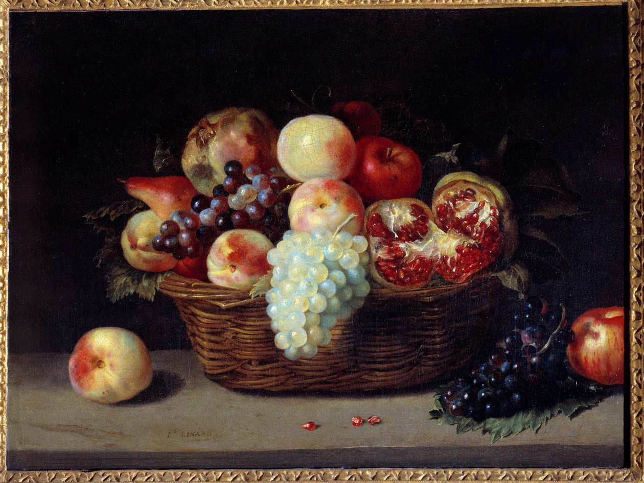 手榴弾と桃と葡萄のバスケット ジャック・リナール（1600-1645）の絵画 17世紀 日0,46x0,61 m 作： ジャック・リナード