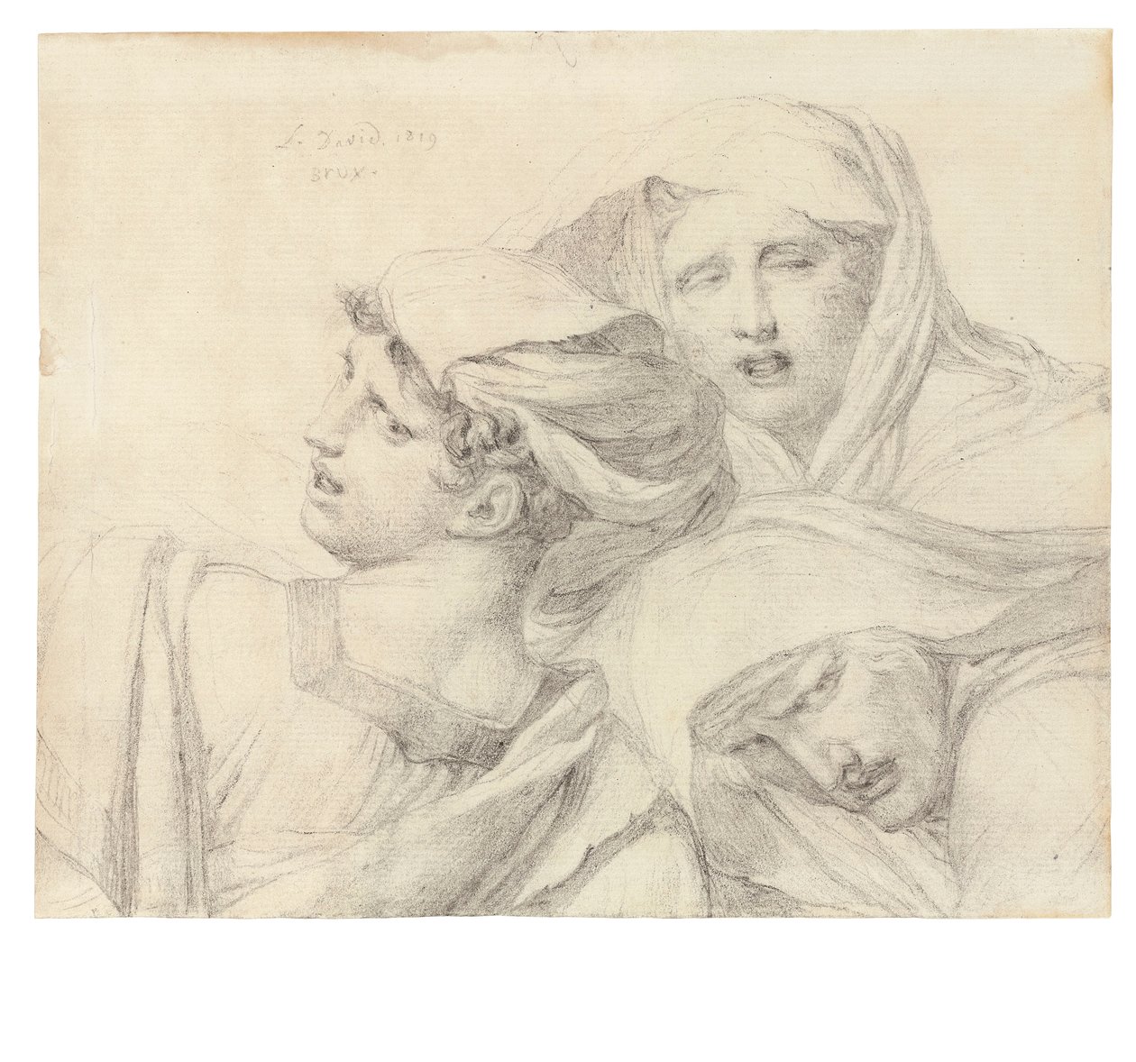 クラシックなドレスを着た3人の女性、バストの長さ、苦悩の表情、1819年 作： ジャック・ルイス・デビッド