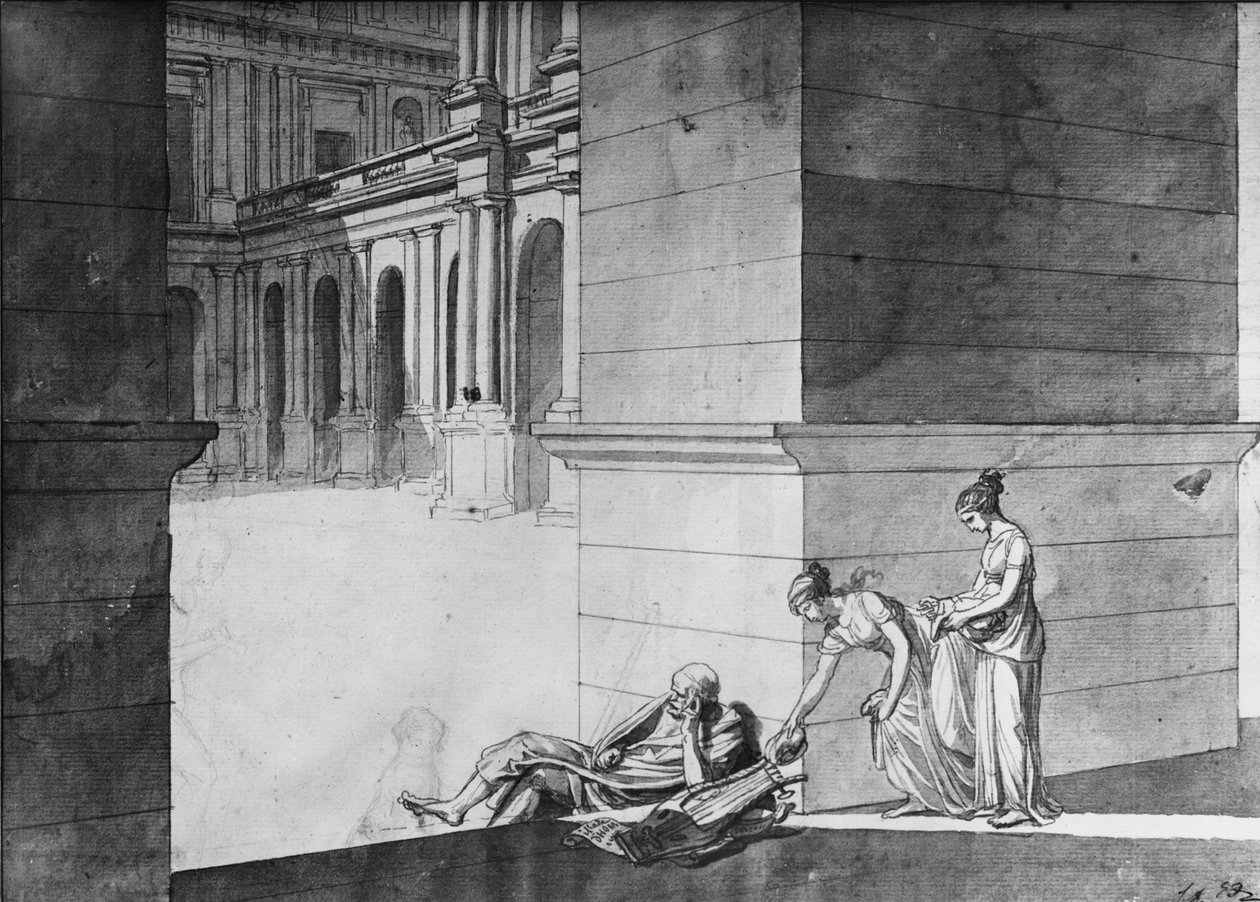 ホーマーが眠っているパンを運ぶ2人の若い女の子、c.1794（紙にペンとインドのインク） 作： ジャック・ルイス・デビッド