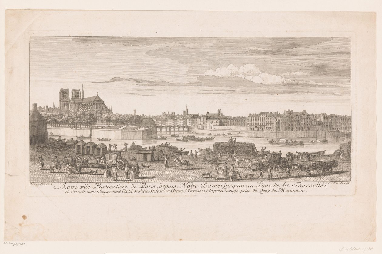 Gezicht op Parijs van de Notre Dame tot de Pont de la Tournelle ノートルダム大聖堂からトルネル橋までのパリの眺め (...) ミラミオン河岸から撮影 (オブジェクトのタイトル) 作： ジャック・リゴー