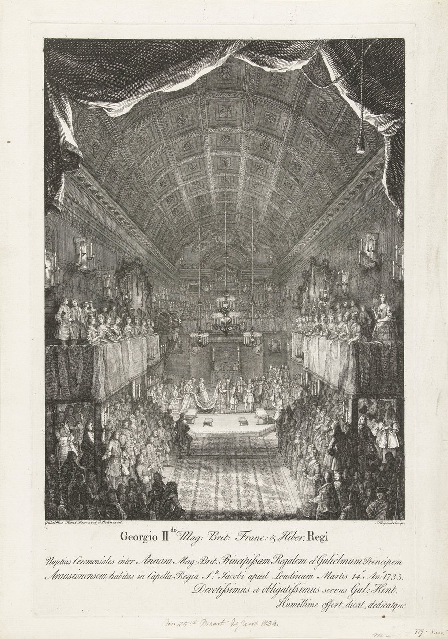 Huwelijk van Willem IV は 1734 年にアンナ王女に会いました George II Mag: Brit: Franc: & Hiber. アン (...) とウィリアム (...) の間の王の結婚式 14 日火曜日: アノ: 1733 (...) (オブジェクトのタイトル) 作： ジャック・リゴー
