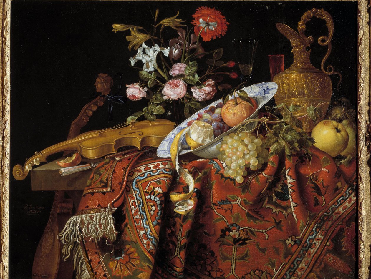 ヴァイオリンとアクアマリンのある静物画 ジャック・サミュエル・ベルナール（1615-1687）の作品 作： ジャック・サミュエル・バーナード