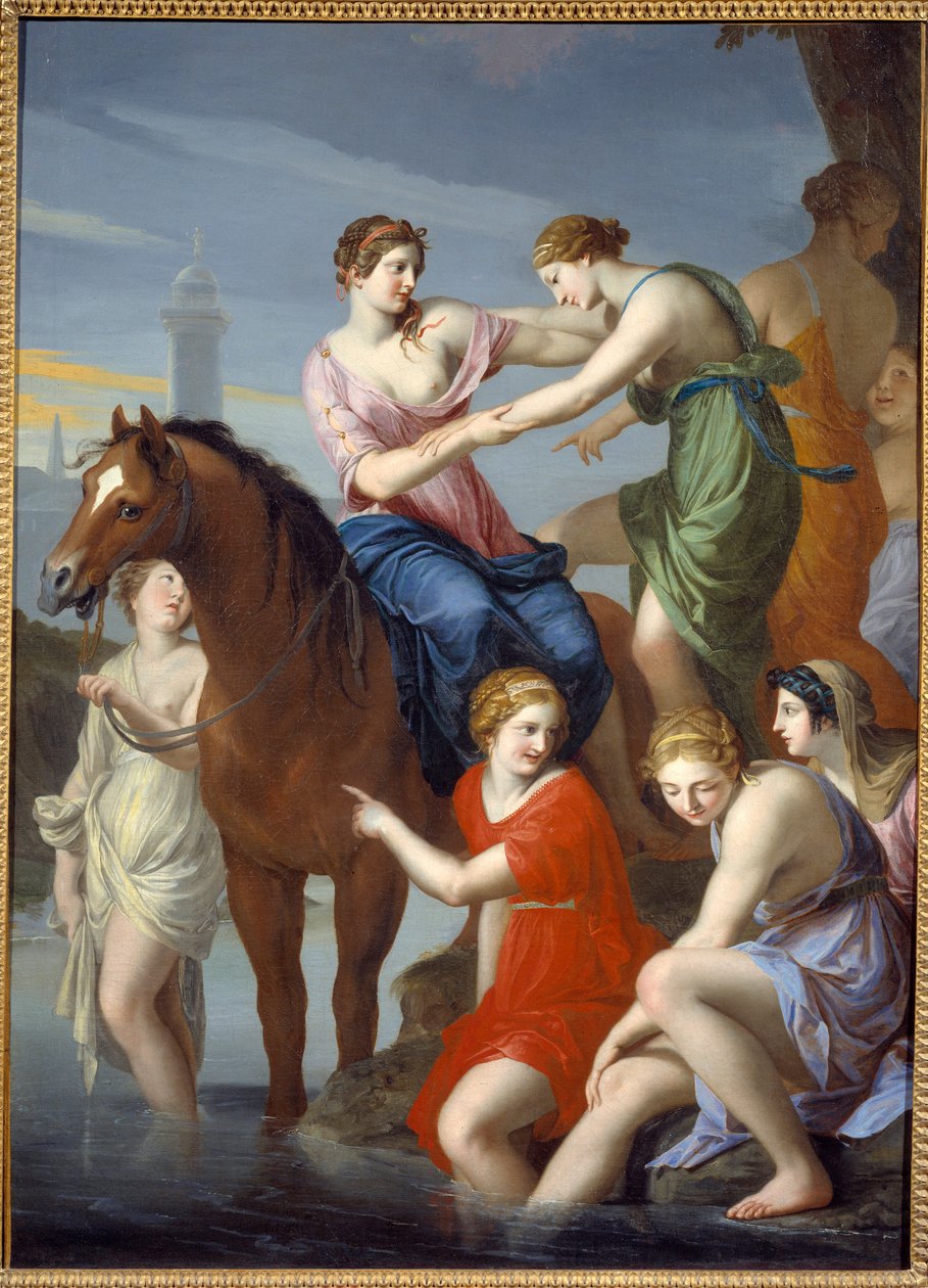 古代ローマ。"Clelie passing the Tiber" ローマを包囲していたエトルリアの王ポルセンナの人質となっていたローマのヒロインは、紀元前507年に仲間とともにテベレ川を渡って脱出した。ジャック・ステラ（1596-1657）による絵画 17世紀 日 作： ジャック・ステラ