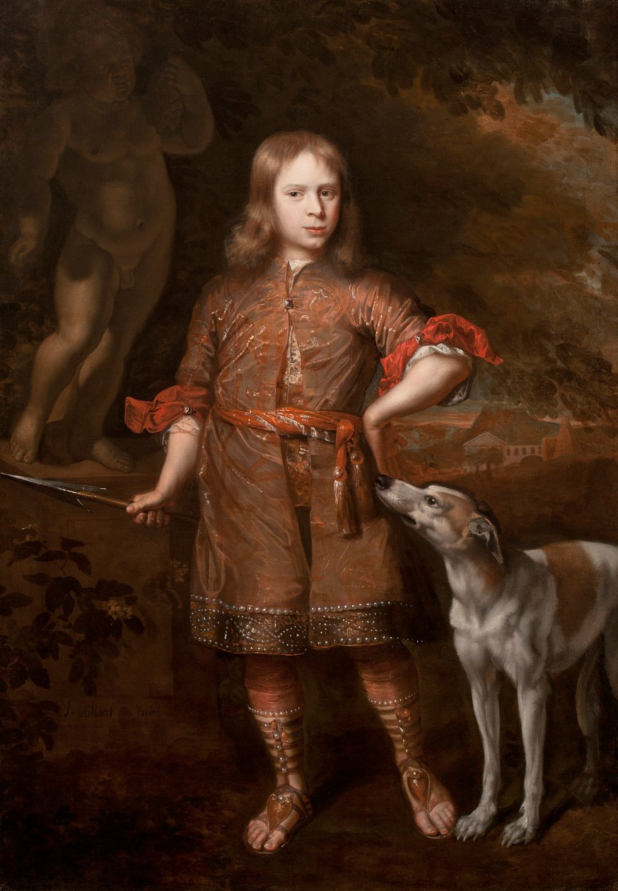 1670年代半ば、グレイハウンドとイノシシの槍を持ったハンターとしての少年の肖像画 作： ジャック・ヴァイヨン