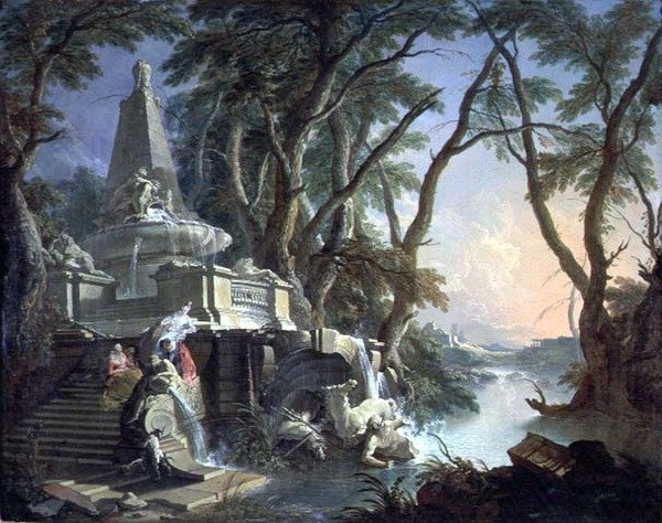 壊れたネプチューン像のあるピラミッドの泉」、または「風景。川」（油彩・キャンバス 作： ジャック・ド・ラジュー