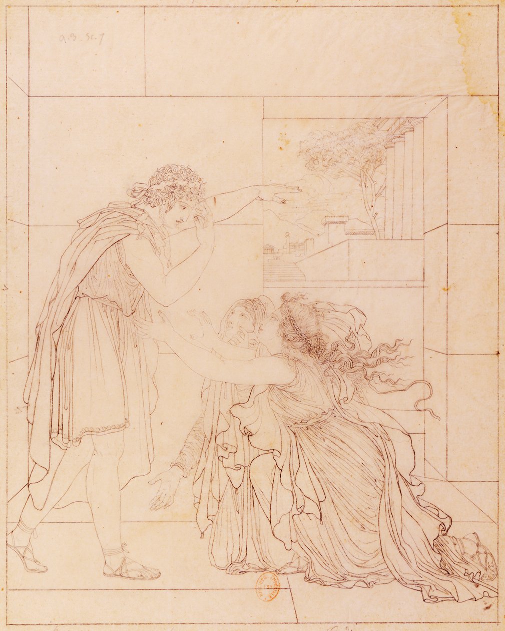 ピュロスの足元にいるアンドロマック」ジャン・ラシーヌ（1639-1699）の「アンドロマック」の挿絵、ジャック・ド・セーヴ（1742-1788）作、素描 作： ジャック・ド・セヴ