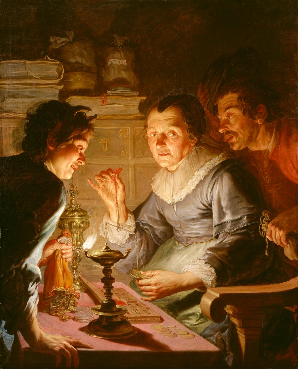 オランダ語：金遣いの荒い老婆：貪欲の寓意 The Gold Weigher 作： ジャック・ド・ランジュ