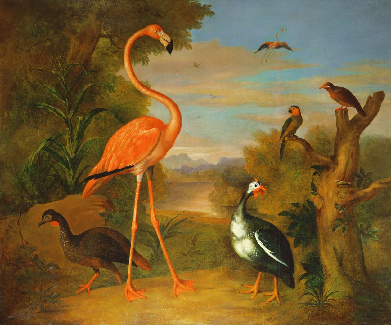 風景の中のフラミンゴと他の鳥 作： ヤコブ・ボグダニまたはボグダニ