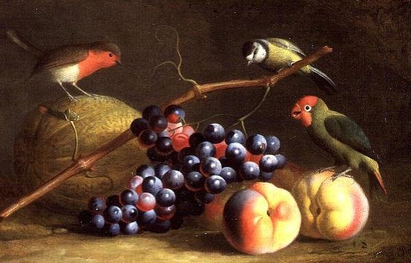 桃、葡萄、メロンを持つ3羽の鳥 作： ヤコブ・ボグダニまたはボグダニ