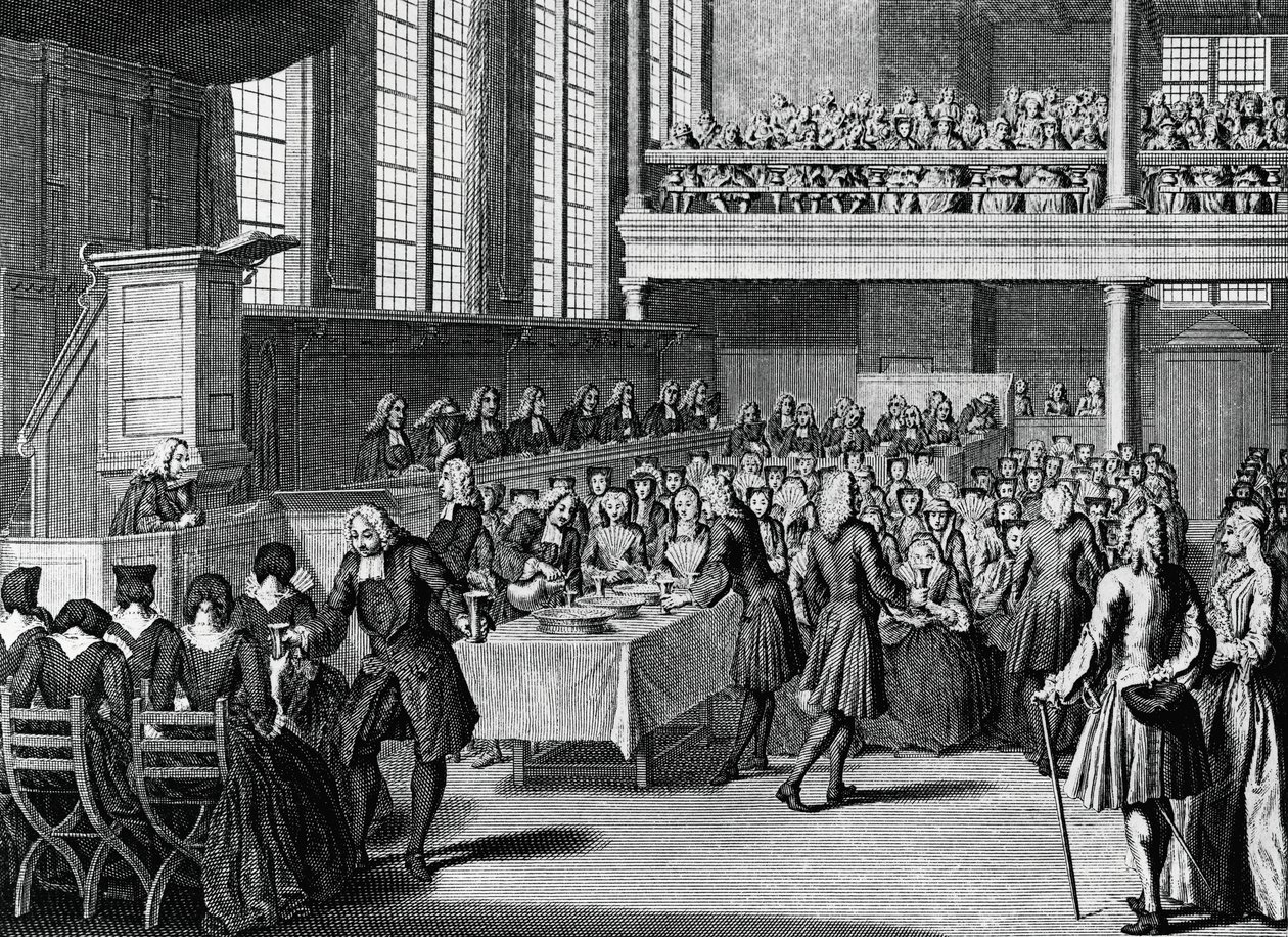 アナバプティストの夕食、ヤコブス・ファン・デル・シュリー（1715-1779）による彫刻、「世界のすべての人々の宗教的儀式と慣習」から 作： ヤコブ・ファン・デル・シュレイ