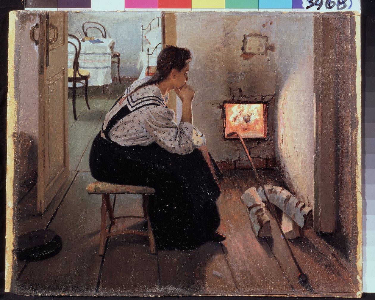 ""Reflexions pres du poele a bois"" (Thoughts at the stove) Une jeune femme assise pensive devant le feu. Peinture de Jakov Kalinichenko (1869-1938) 1897 State Regional I. Pozhalostin Art Museum, Ryasan   1454178   ja       japanese Successfully Translated 作： ヤコフ・ヤコブレビッチ・カリニチェンコ