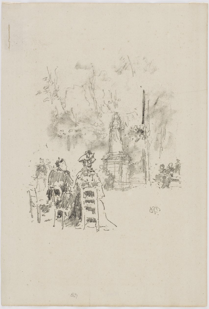 像の下での会話、リュクサンブール公園、1893年（紙にリソ） 作： ジェームズ・アボット・マクニール・ウィスラー