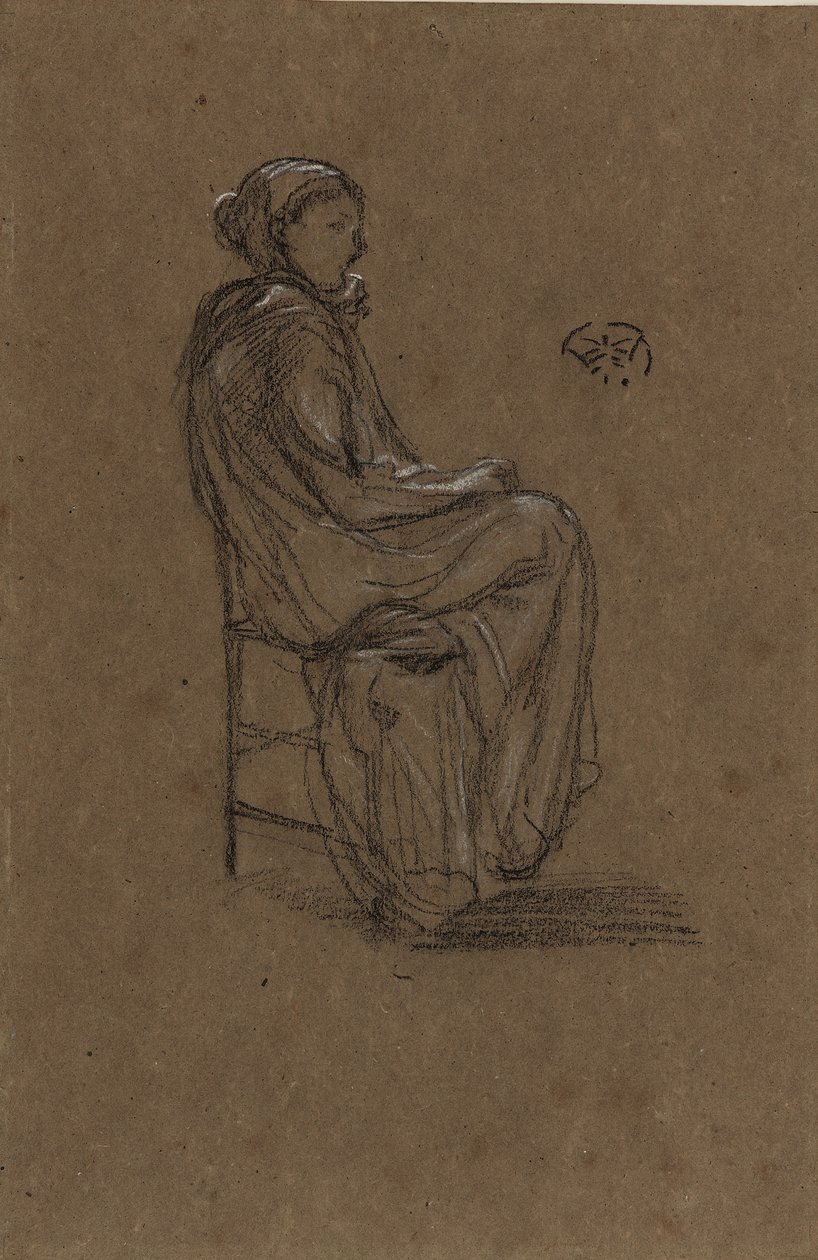 女性像、着席、1870-73（茶色の紙に黒と白のチョーク） 作： ジェームズ・アボット・マクニール・ウィスラー