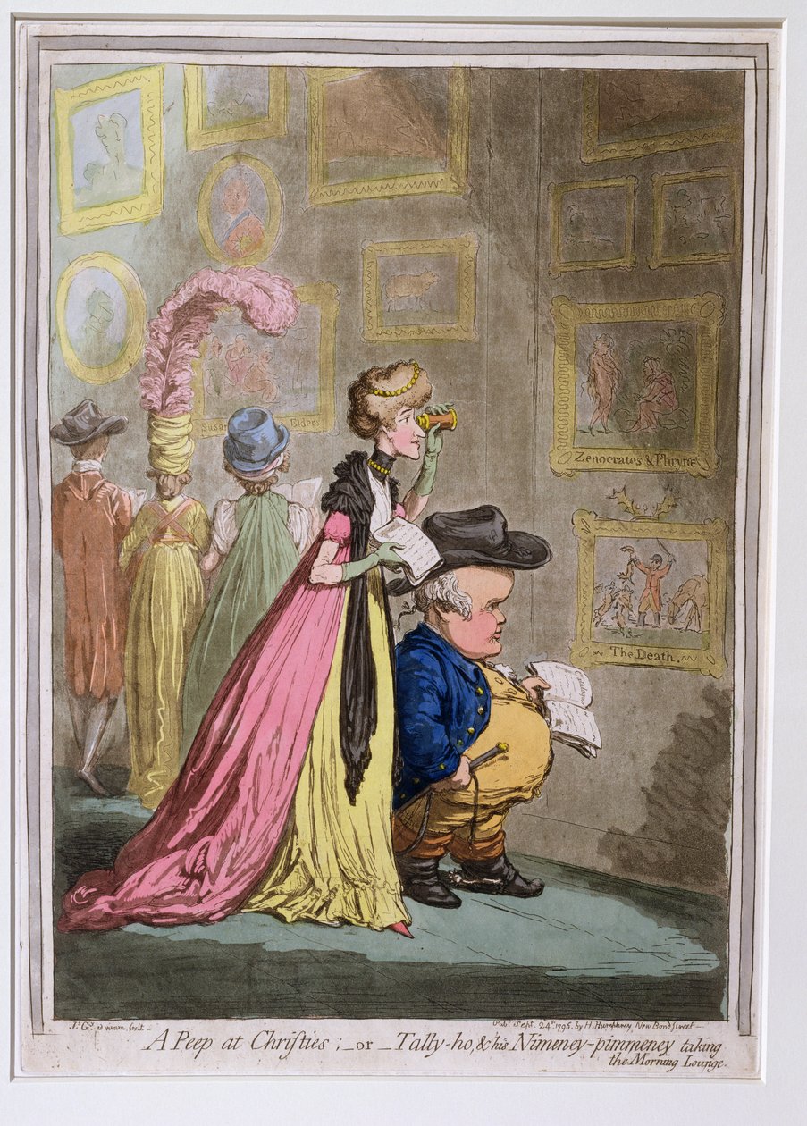 1796年にハンナハンフリーによって出版された、クリスティーズのぞき見、またはタリーホーとニメニーピムニーの朝のラウンジ 作： ジェームズ・ギルレイ